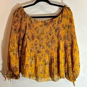 WILFRED Sz M Elastic Neckline Pleated Peplum Puffy Sleeves Bow Lined Top Blouse